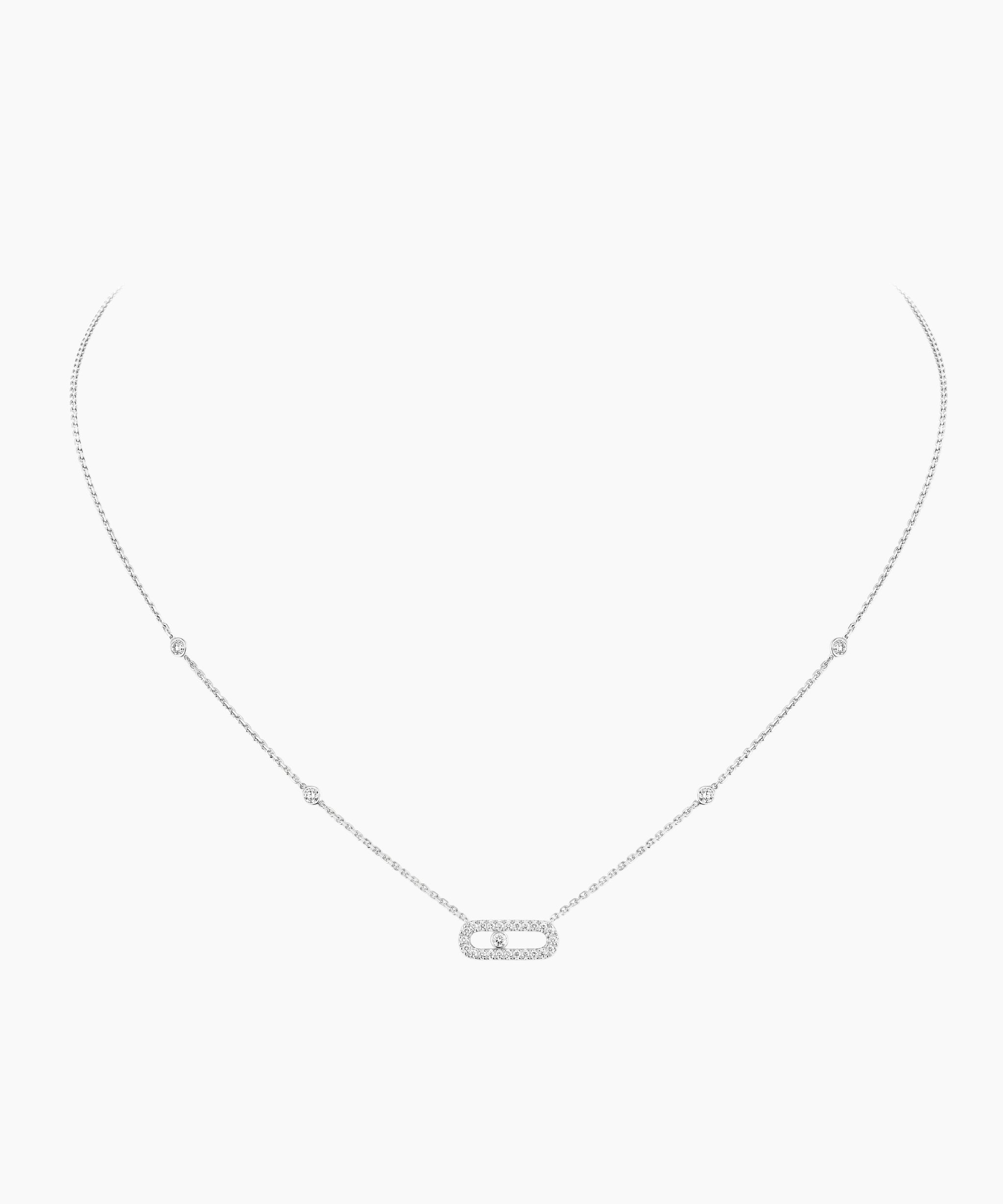 Collar Messika Move Uno Pavé en oro blanco de 18K con diamante central móvil y pavé de diamantes.