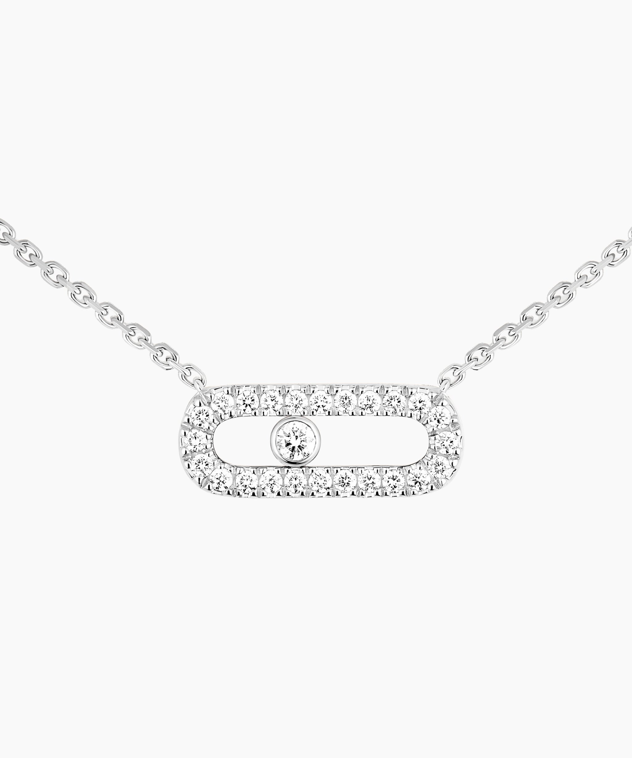 Collar Messika Move Uno Pavé en oro blanco de 18K con diamante central móvil y pavé de diamantes.
