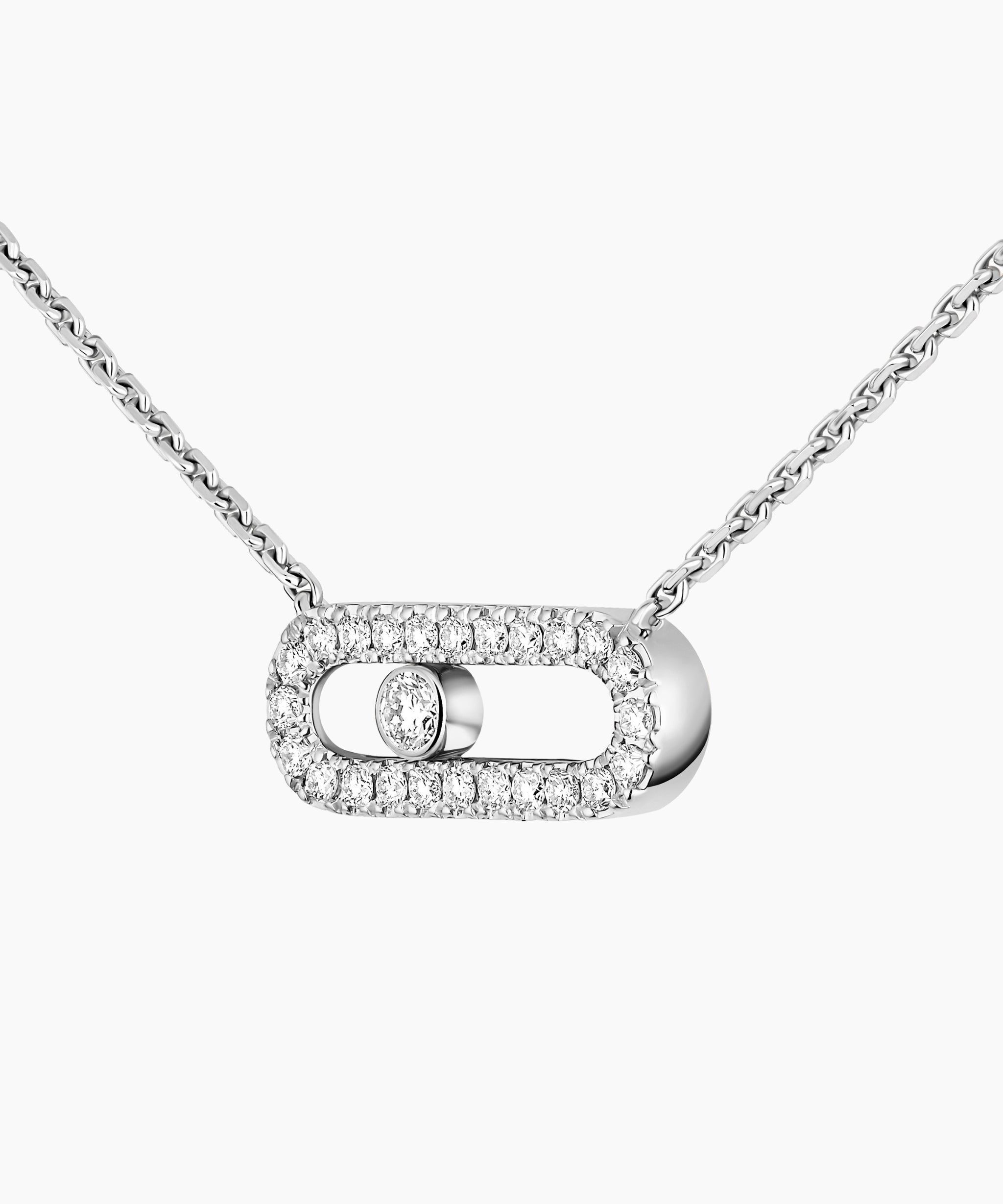 Collar Messika Move Uno Pavé en oro blanco de 18K con diamante central móvil y pavé de diamantes.