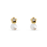Pendientes Infantiles Estrella con Circonita y Perla en Oro Amarillo