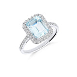 Anillo Roseta con Aguamarina Talla Esmeralda y Diamantes en Oro Blanco 18K