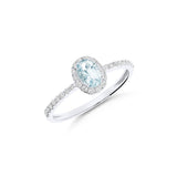 Anillo Roseta con Aguamarina Talla Oval y Diamantes en Oro Blanco 18K