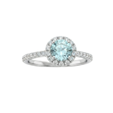 Anillo Solitario Oro Blanco con Aguamarina central con Halo y Aro de Diamantes