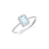 Anillo Roseta con Aguamarina Talla Esmeralda 0,5 cts y Diamantes en Oro Blanco 18K
