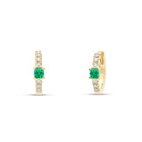 Pendientes Mini Aro de Oro Amarillo con Esmeralda y Diamantes