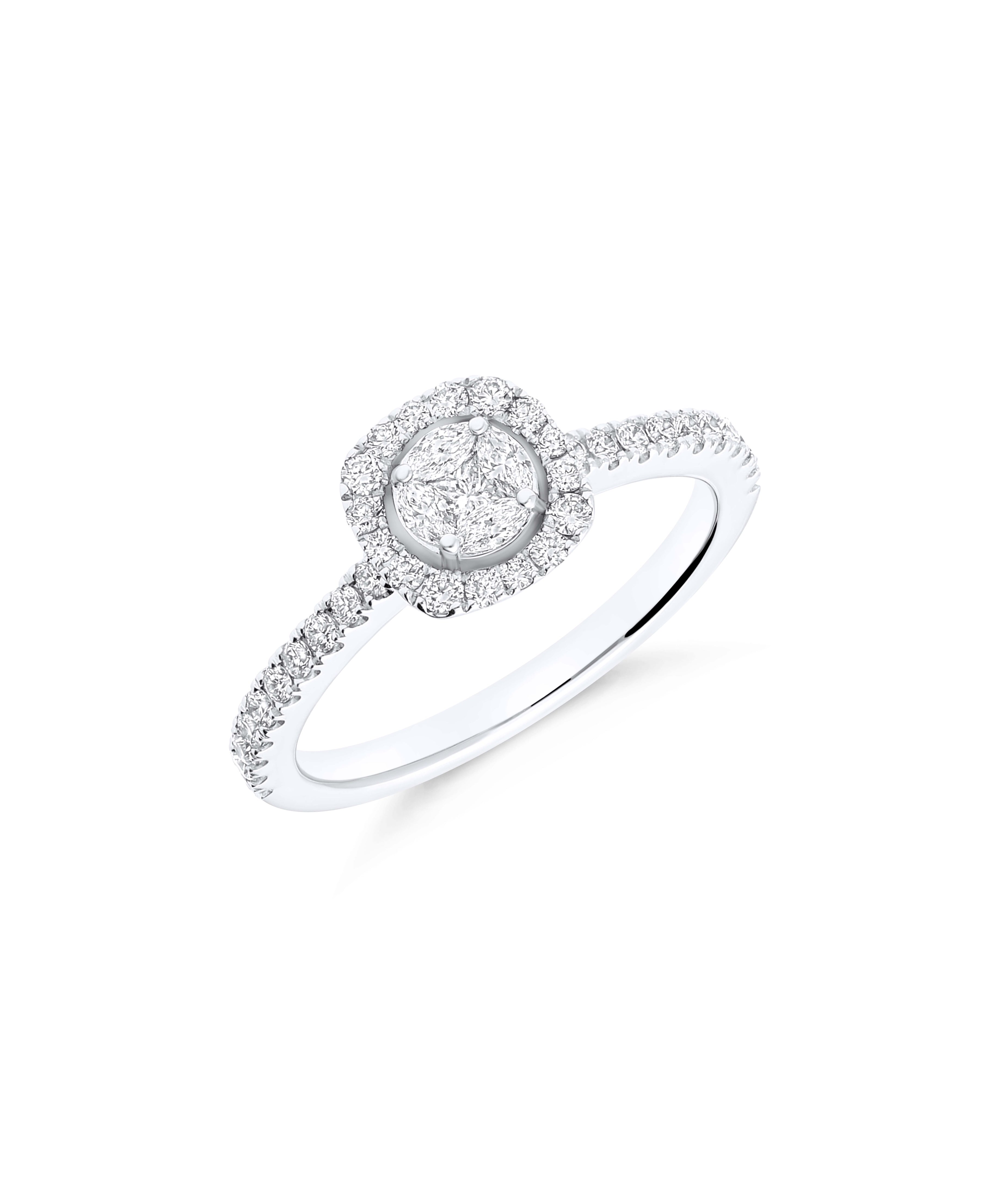 Anillo Illusion Princesa de Diamantes con Halo en Oro Blanco