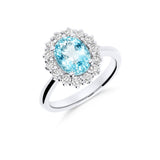 Anillo de Compromiso con Roseta de Aguamarina Talla Oval 1,58 cts y Diamantes en Oro Blanco 18K