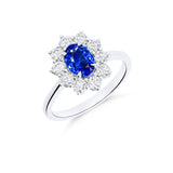 Anillo Roseta Zafiro Talla Oval 0,86 cts y Diamantes en Oro Blanco