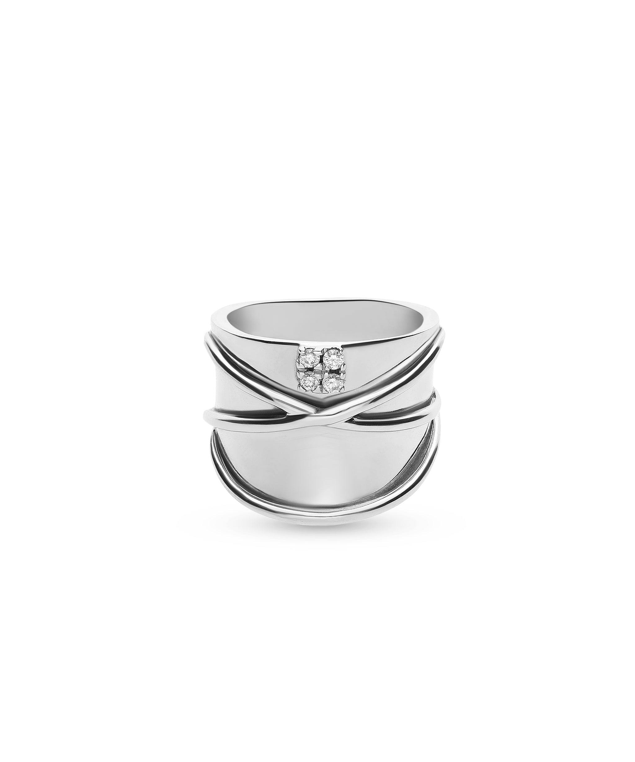 Anillo Con diseño cruzado ancho en Oro Blanco con diamantes