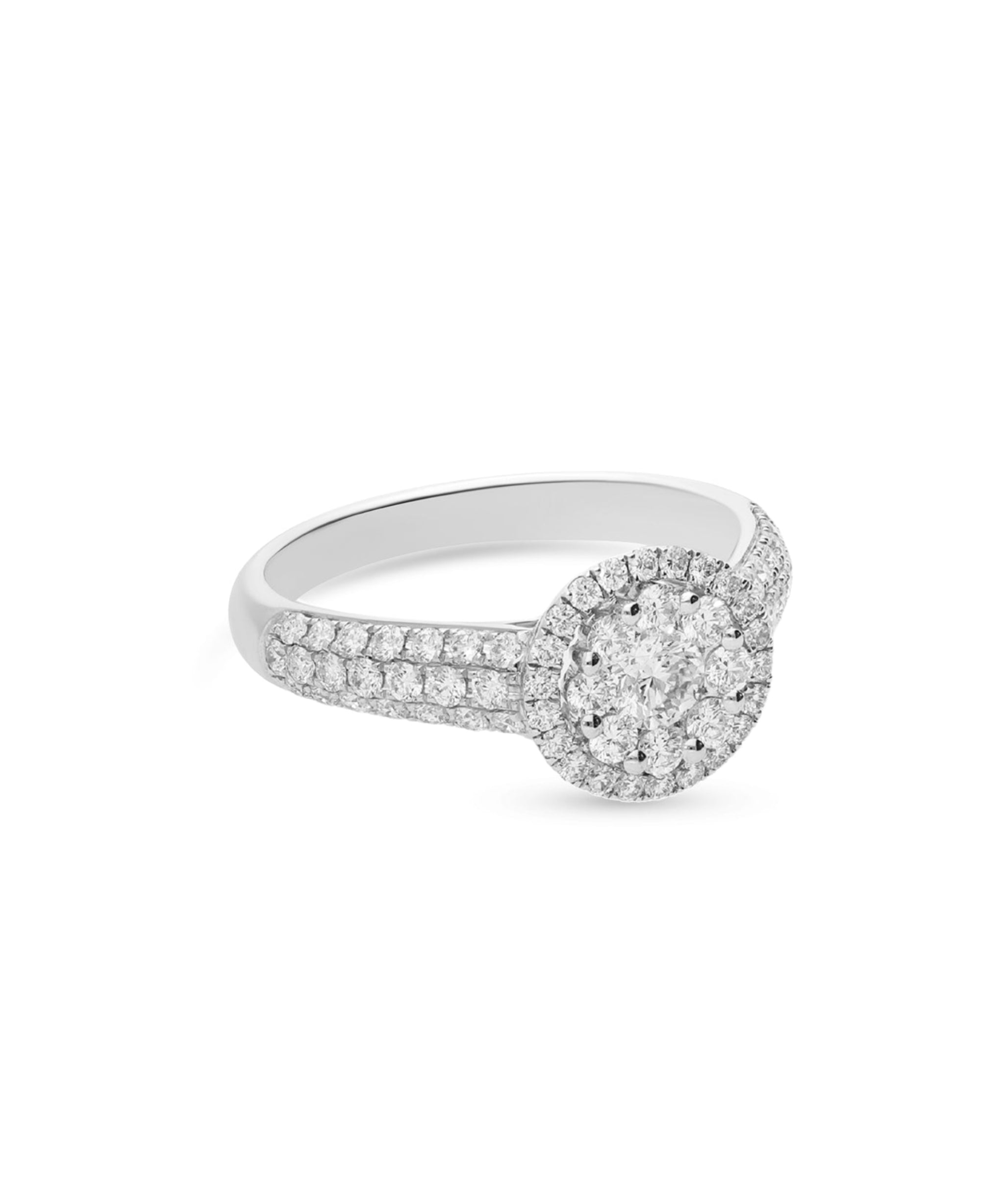 Anillo de Compromiso Doble Roseta de Diamantes y Brazo Pavé