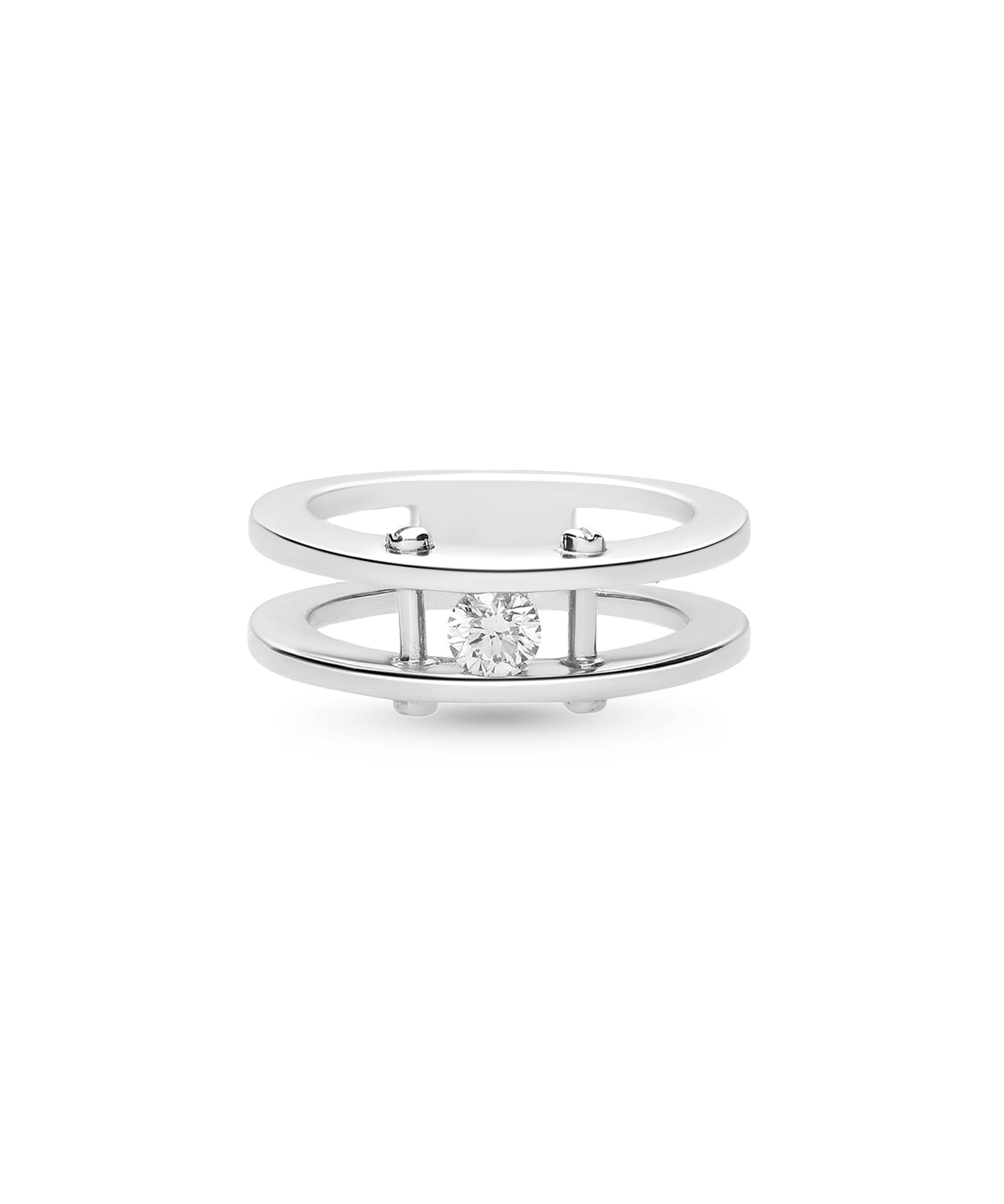 Anillo doble banda con diamante central en oro blanco de 18 kt de joyeria calvo.