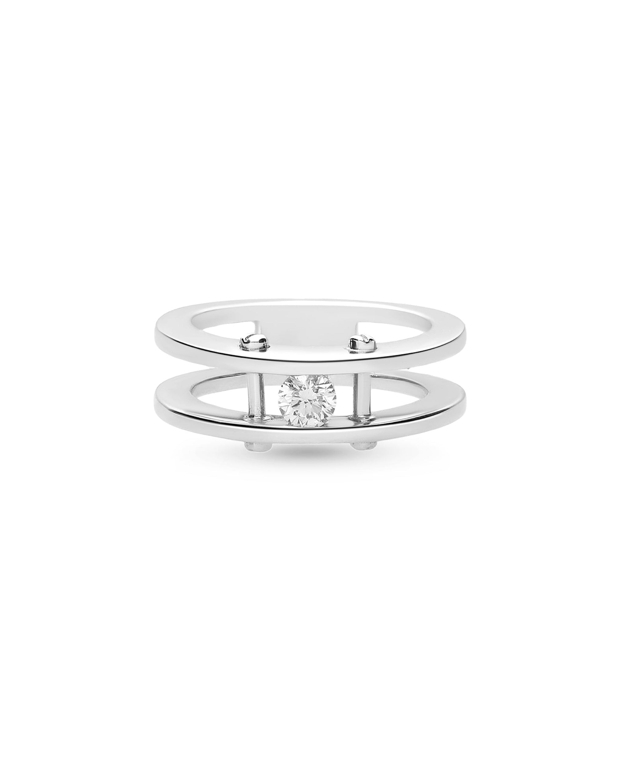Anillo doble banda con diamante central en oro blanco de 18 kt de joyeria calvo.