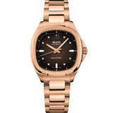 MIDO Multifort TV 35 con esfera marrón y diamantes, caja y brazalete de acero con PVD oro rosa de 34.2 x 35 mm.