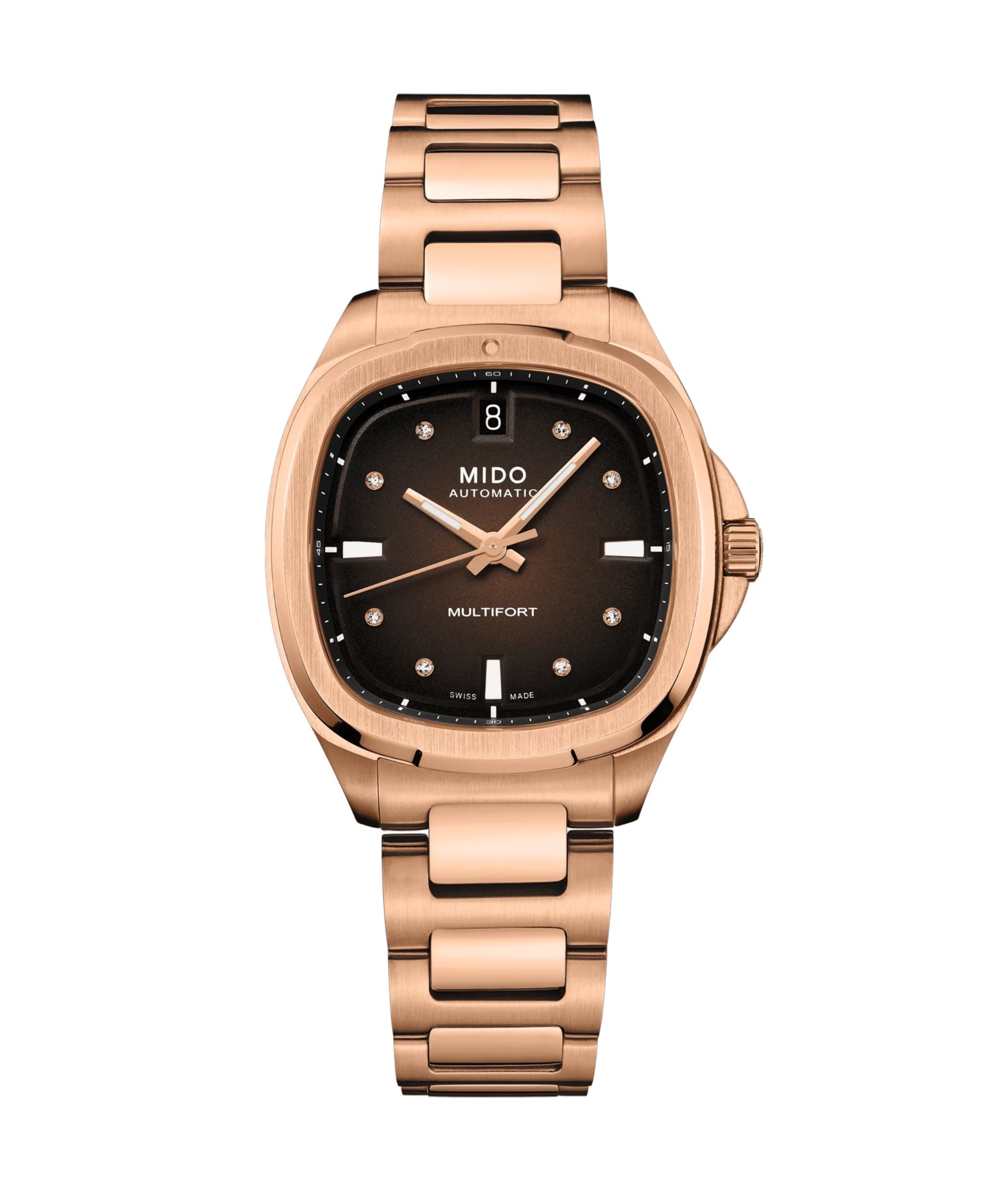MIDO Multifort TV 35 con esfera marrón y diamantes, caja y brazalete de acero con PVD oro rosa de 34.2 x 35 mm.