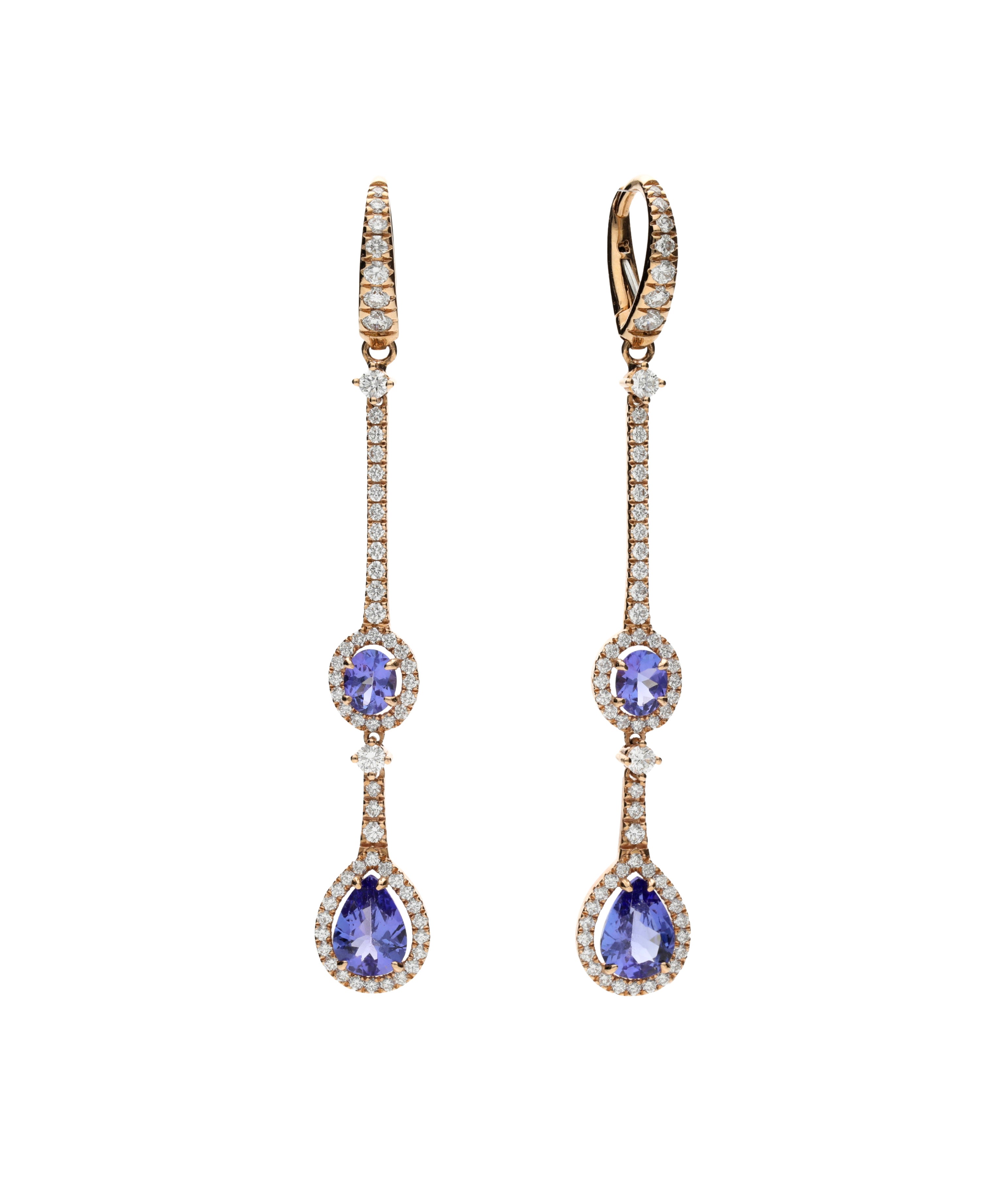 Pendientes Largos para novia o invitada en Oro Rosa  con Diamantes y Tanzanitas en talla oval y talla pera