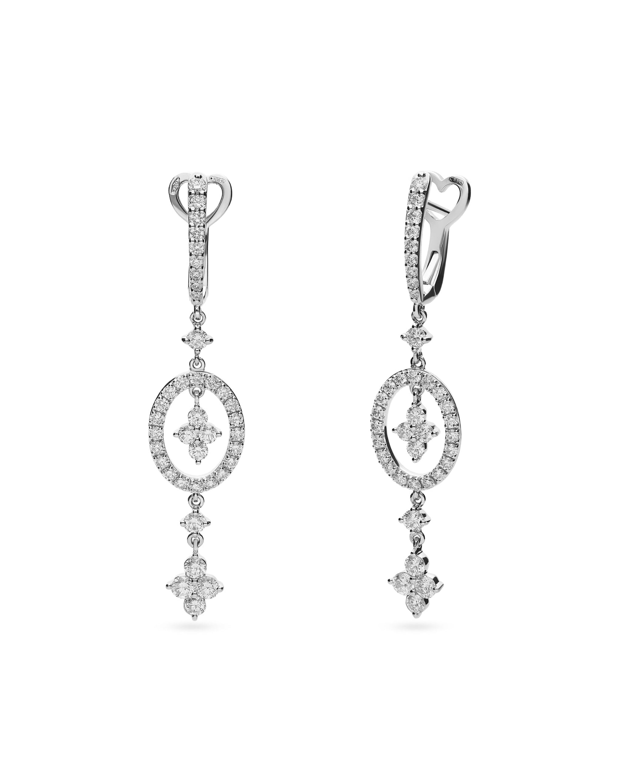 Pendientes largos de novia con motivo oval de diamantes y oro blanco