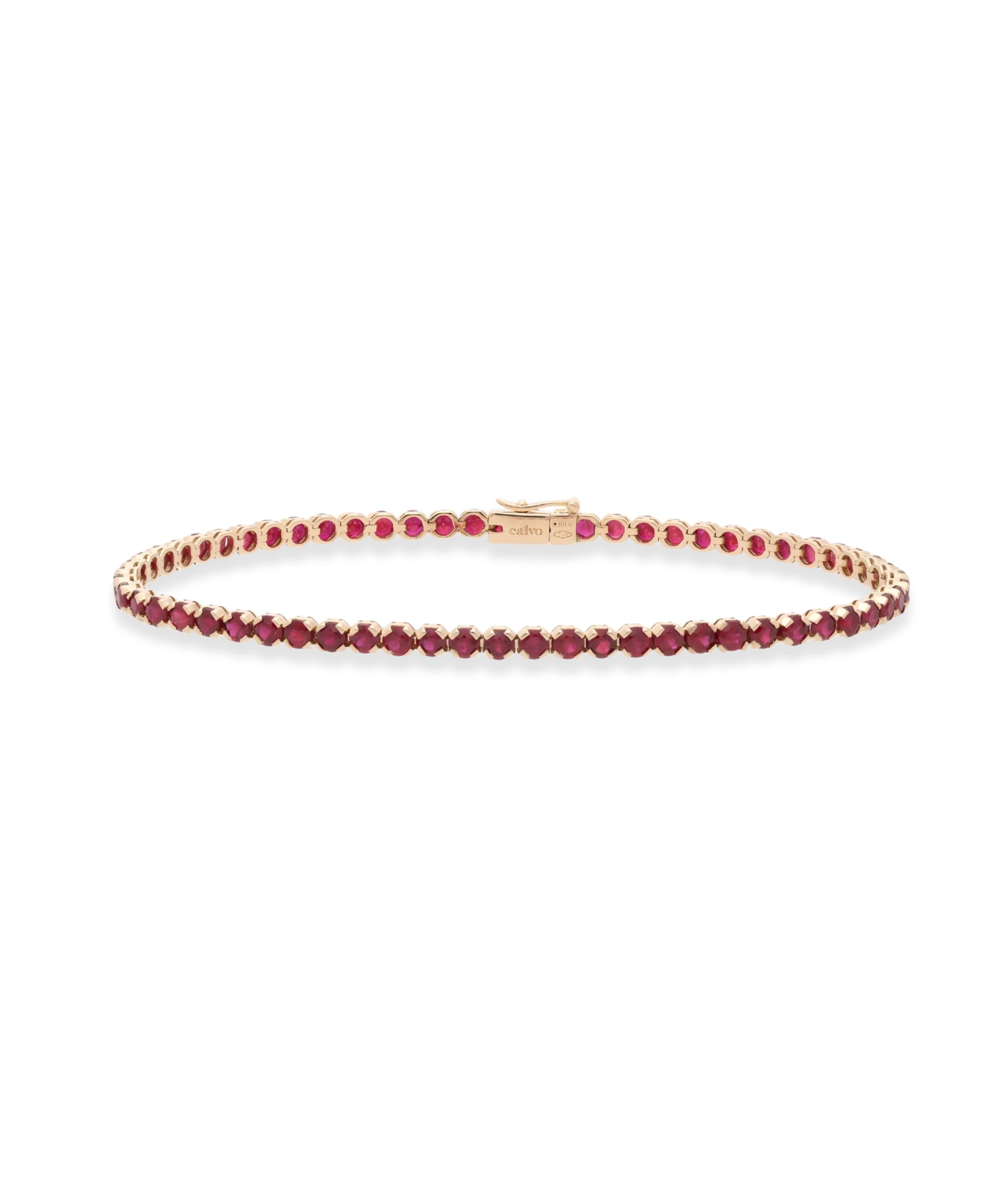 Pulsera rivere, sucesión de piedras como si fuera un río, fabricada en oro rosa y rubis por joyeria calvo de forma artesanal.