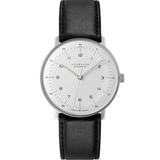 Reloj Junghans Max Bill Automático con esfera plateada mate, caja de acero de 38 mm y correa de piel negra.