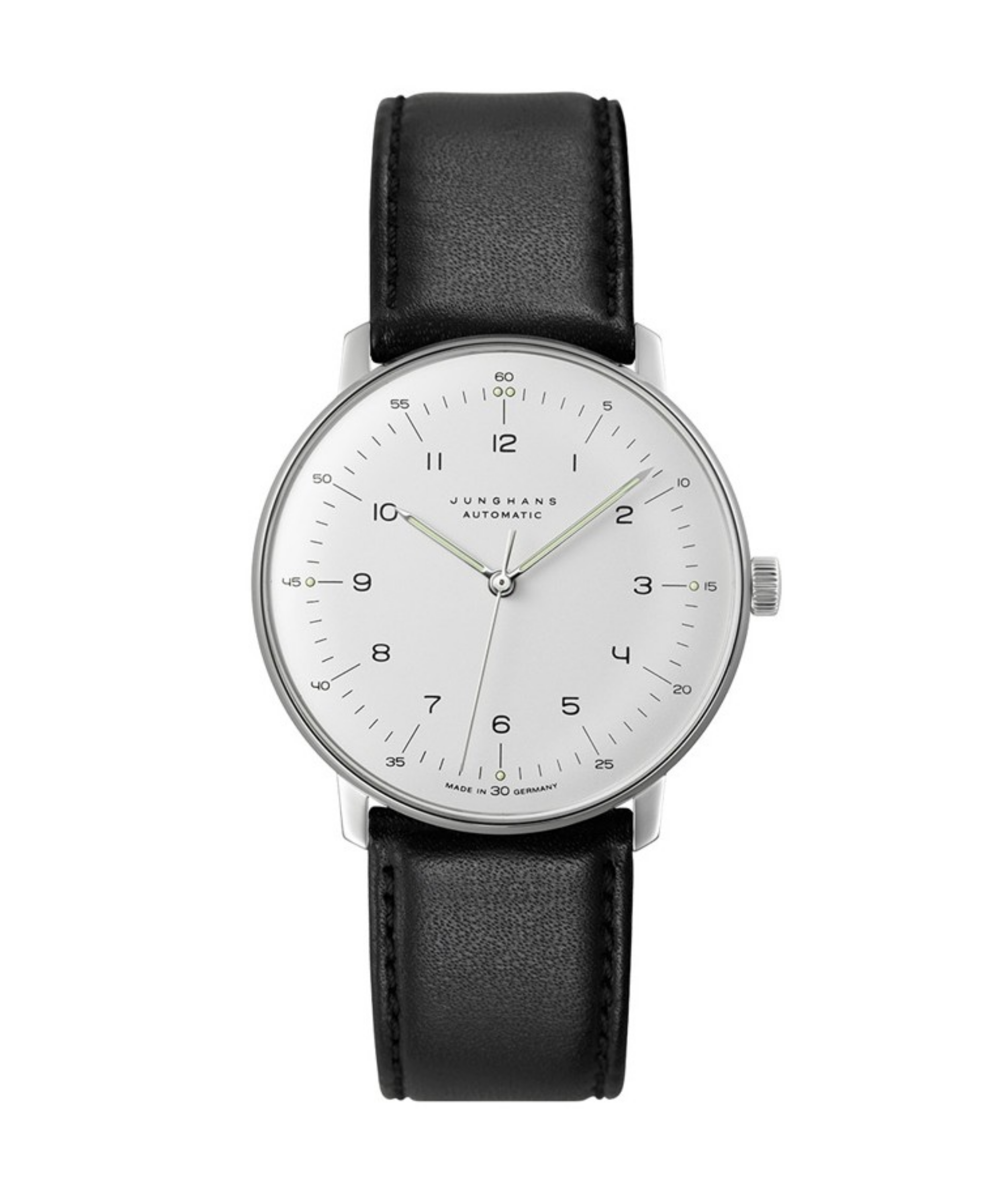 Reloj Junghans Max Bill Automático con esfera plateada mate, caja de acero de 38 mm y correa de piel negra.