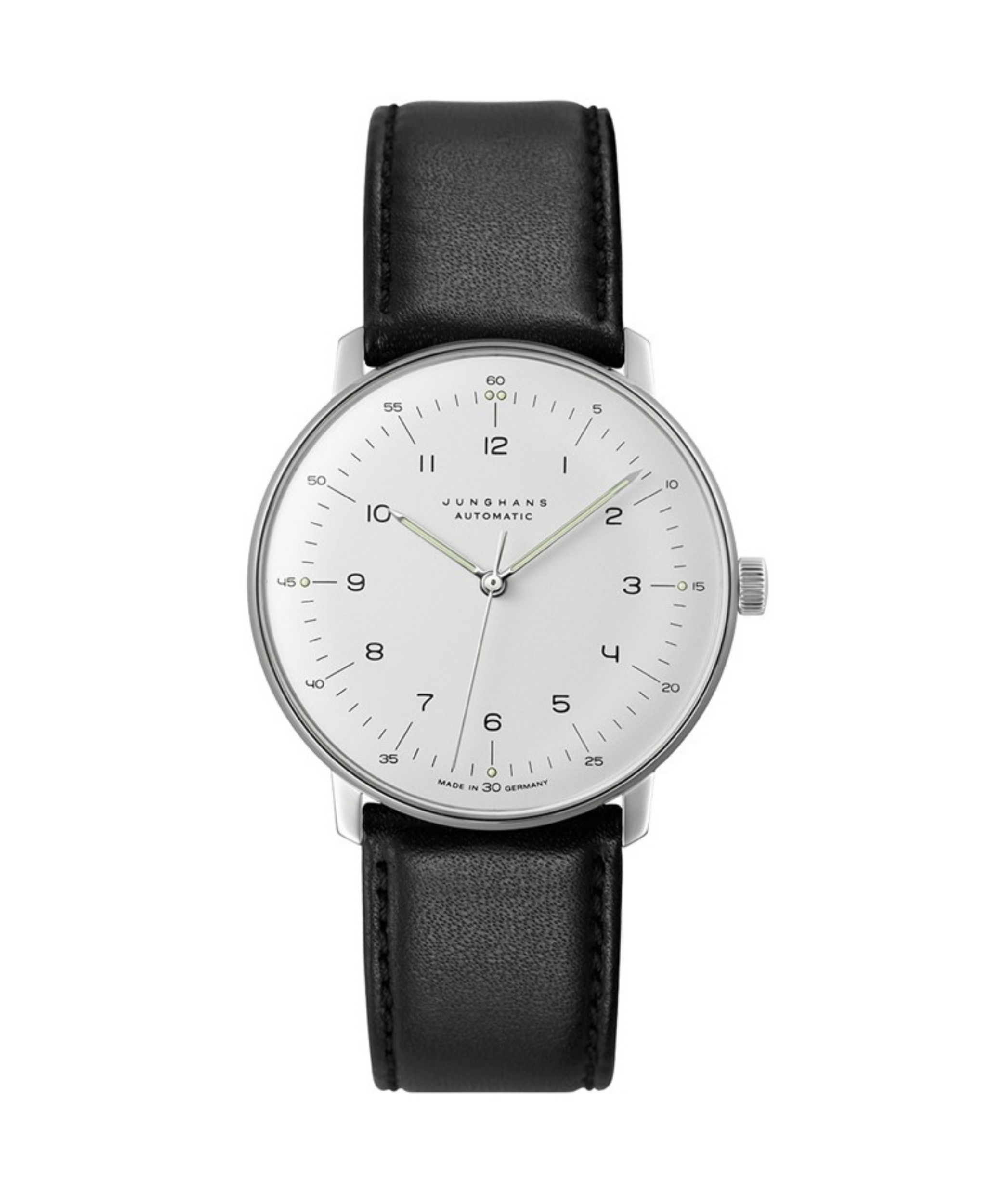 Reloj Junghans Max Bill Automático con esfera plateada mate, caja de acero de 38 mm y correa de piel negra.
