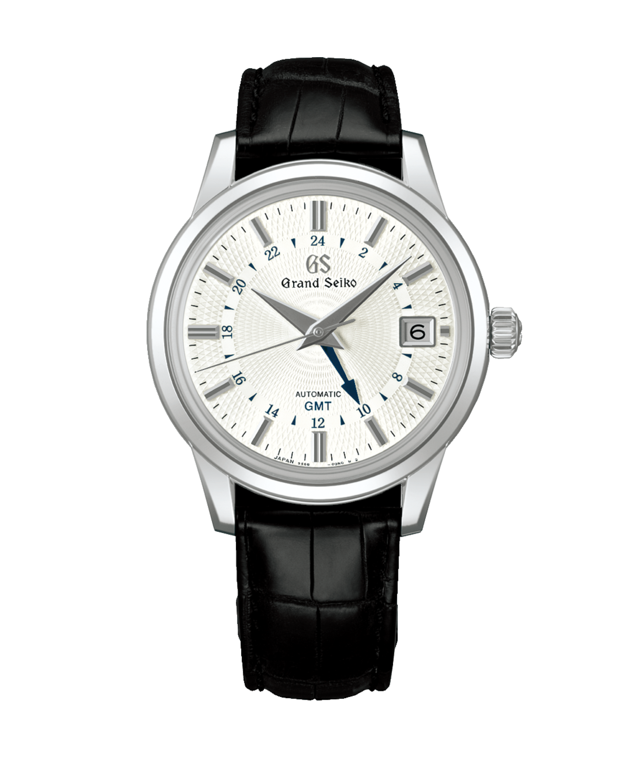 Reloj Grand Seiko SBGM255 Snowdrop con esfera blanca texturizada, aguja GMT azul y correa de piel.