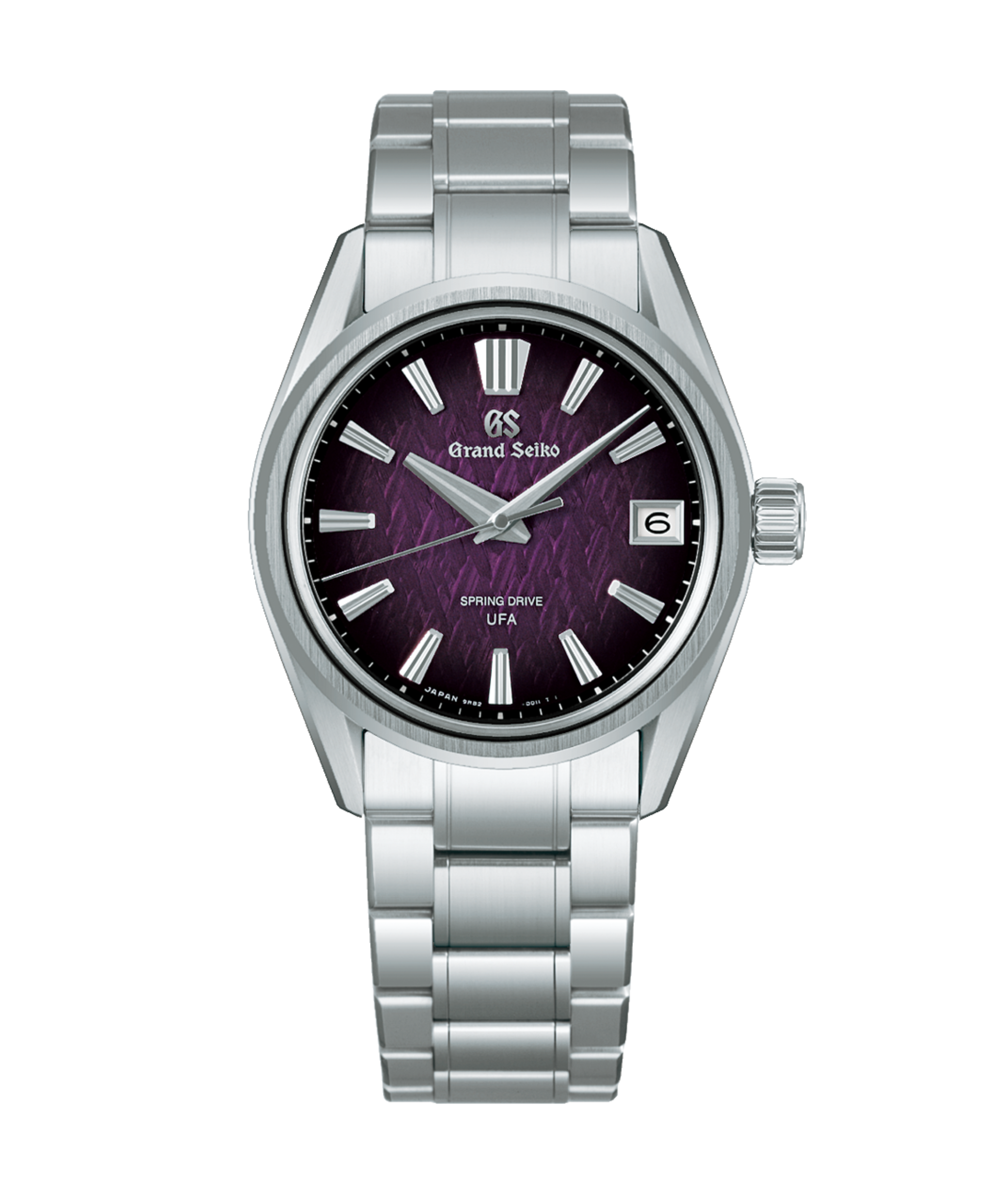 Fotografía frontal del Reloj Grand Seiko SLGB005 Evolution 9 Spring Drive U.F.A. con esfera violeta texturizada y brazalete de acero.