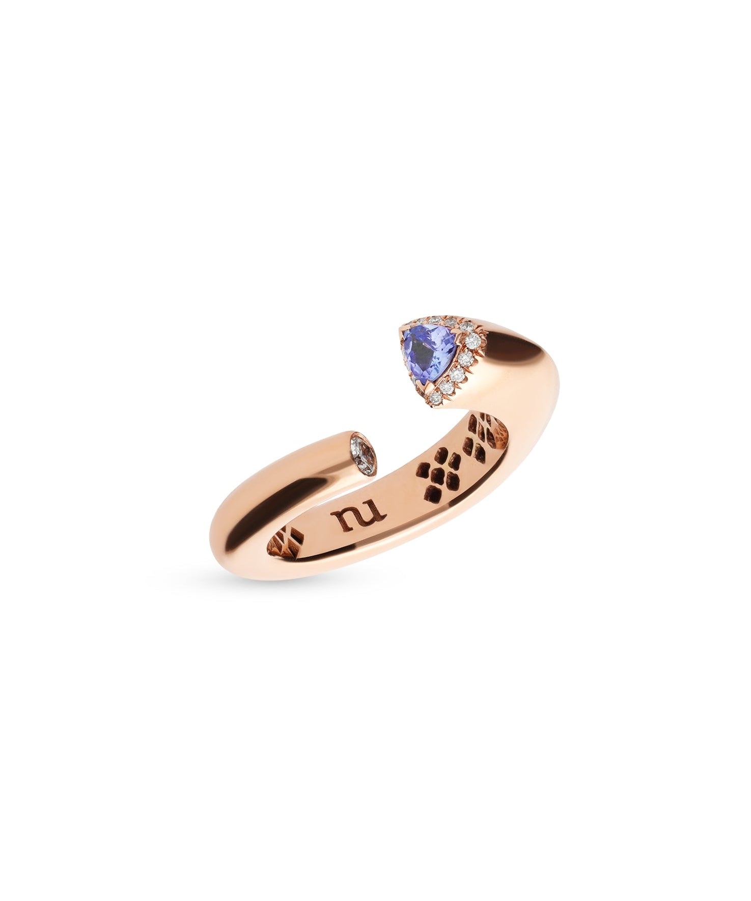 anillo ancho abierto tanzanita y diamantes en oro rosa