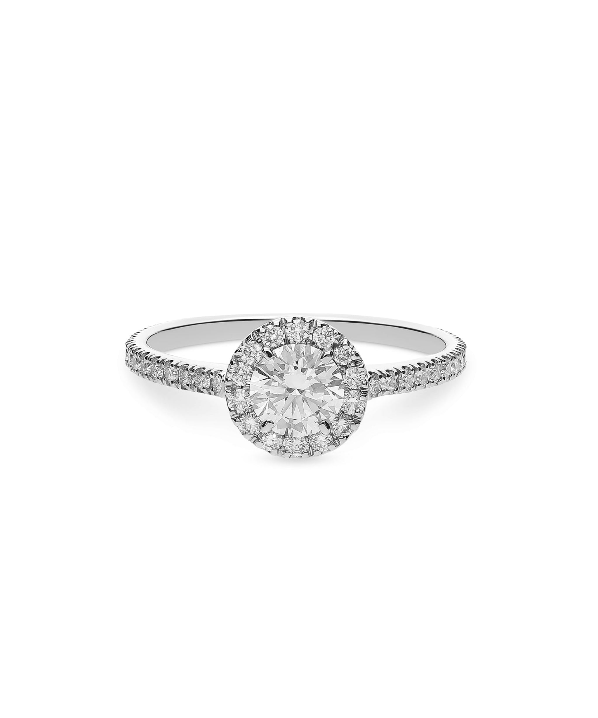 Anillo roseta de diamantes en oro blanco de 0,88 quilates con halo de diamantes y brazo engastado.