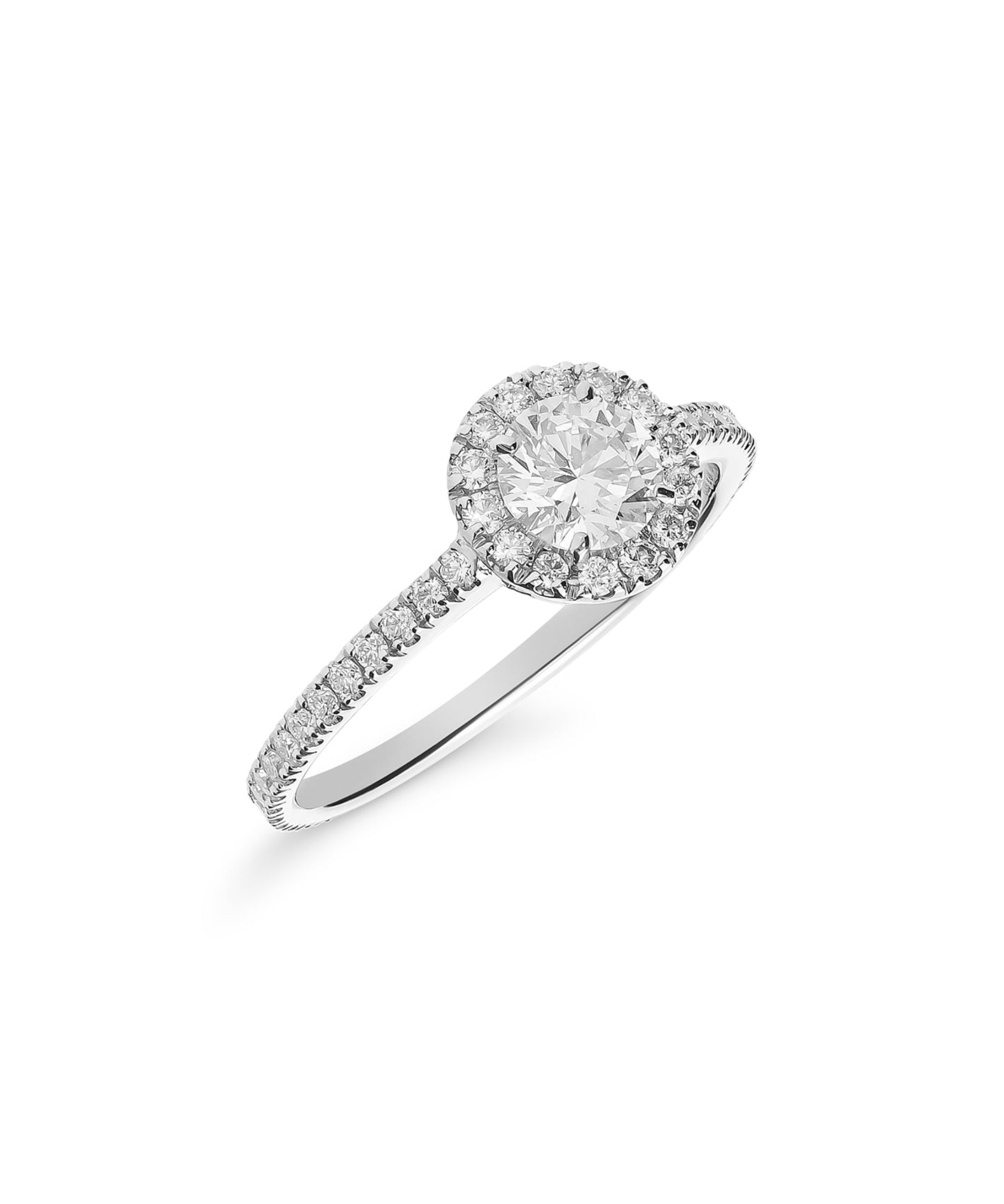 Anillo roseta de diamantes en oro blanco de 0,88 quilates con halo de diamantes y brazo engastado.