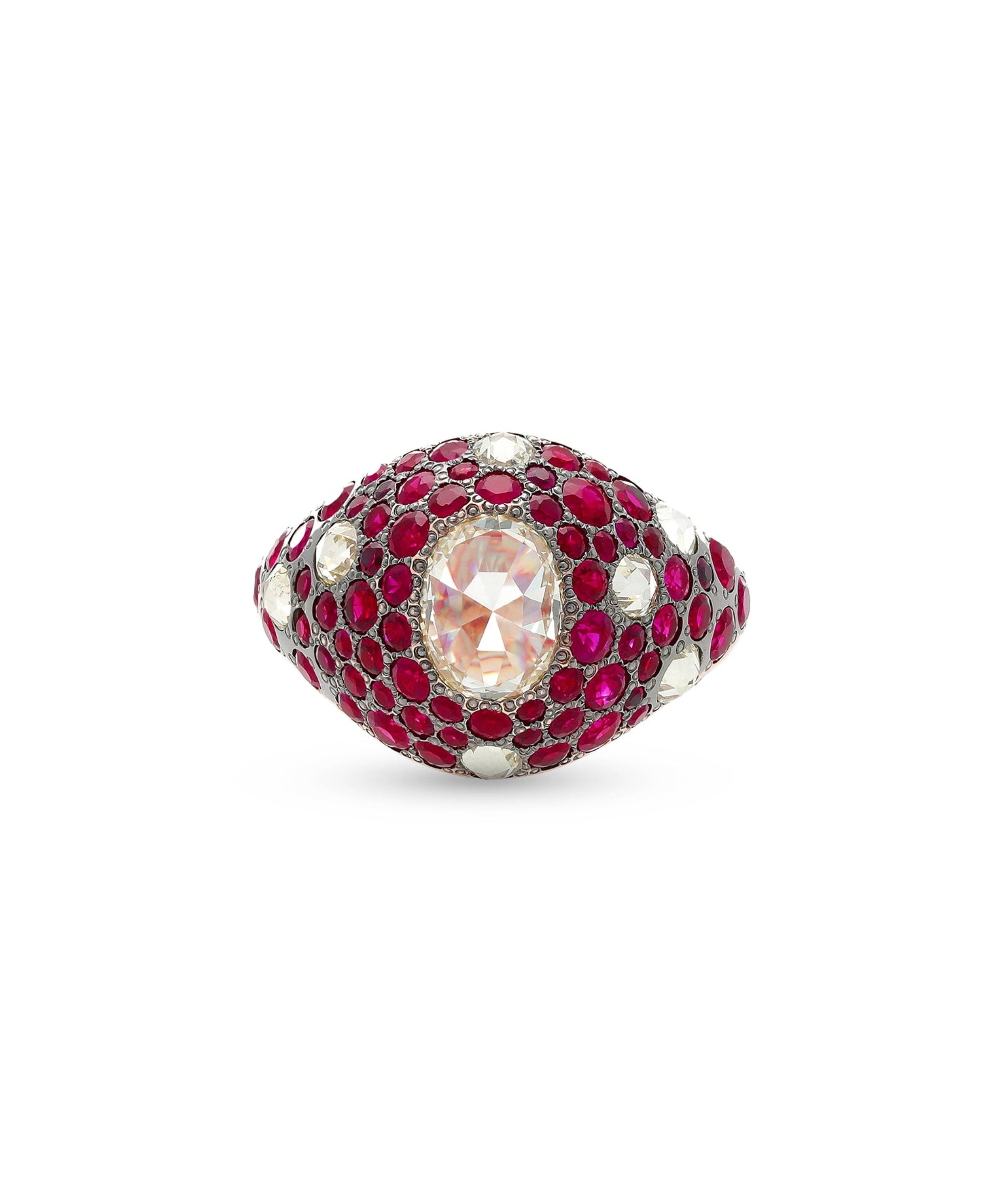 anillo tipo sello vintage con diamante oval y rubies en oro rosa