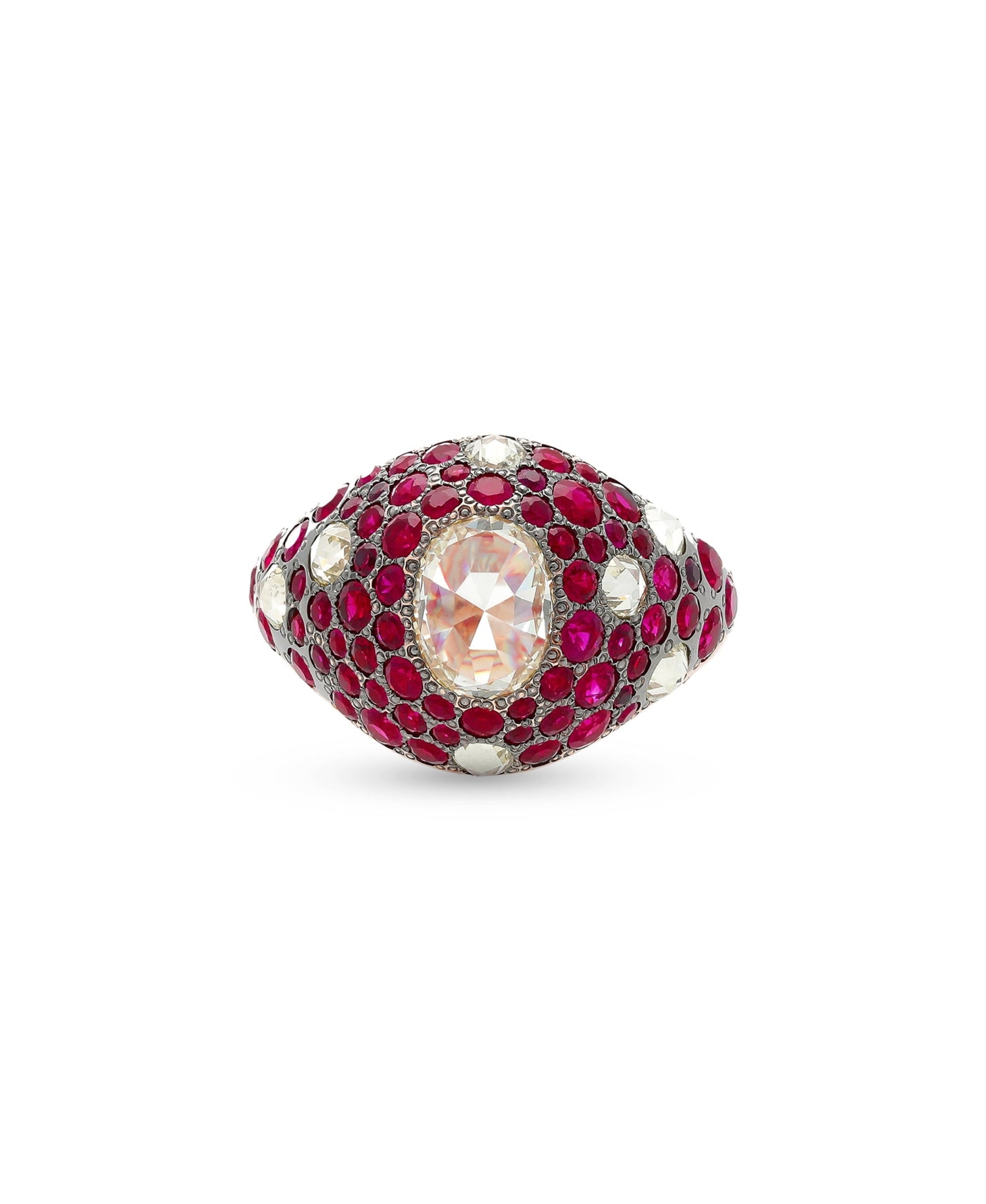 anillo tipo sello vintage con diamante oval y rubies en oro rosa