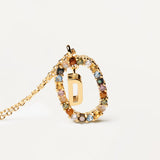 Collar PDPAOLA Letra D Plata Baño Oro y Piedra de Color | CO01-263-U