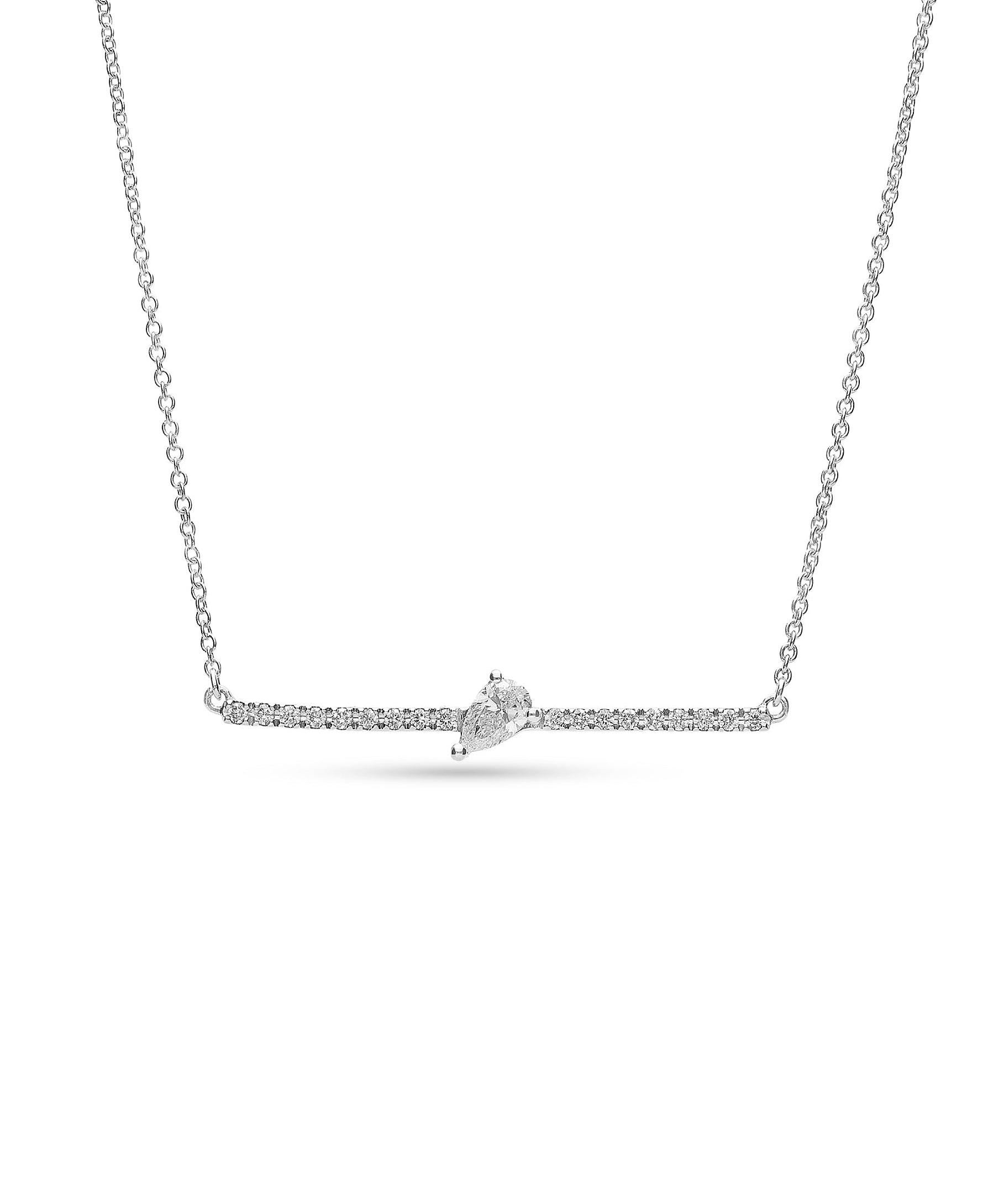 collar alta joyería con barra de diamantes y diamante central en talla pera en oro blanco