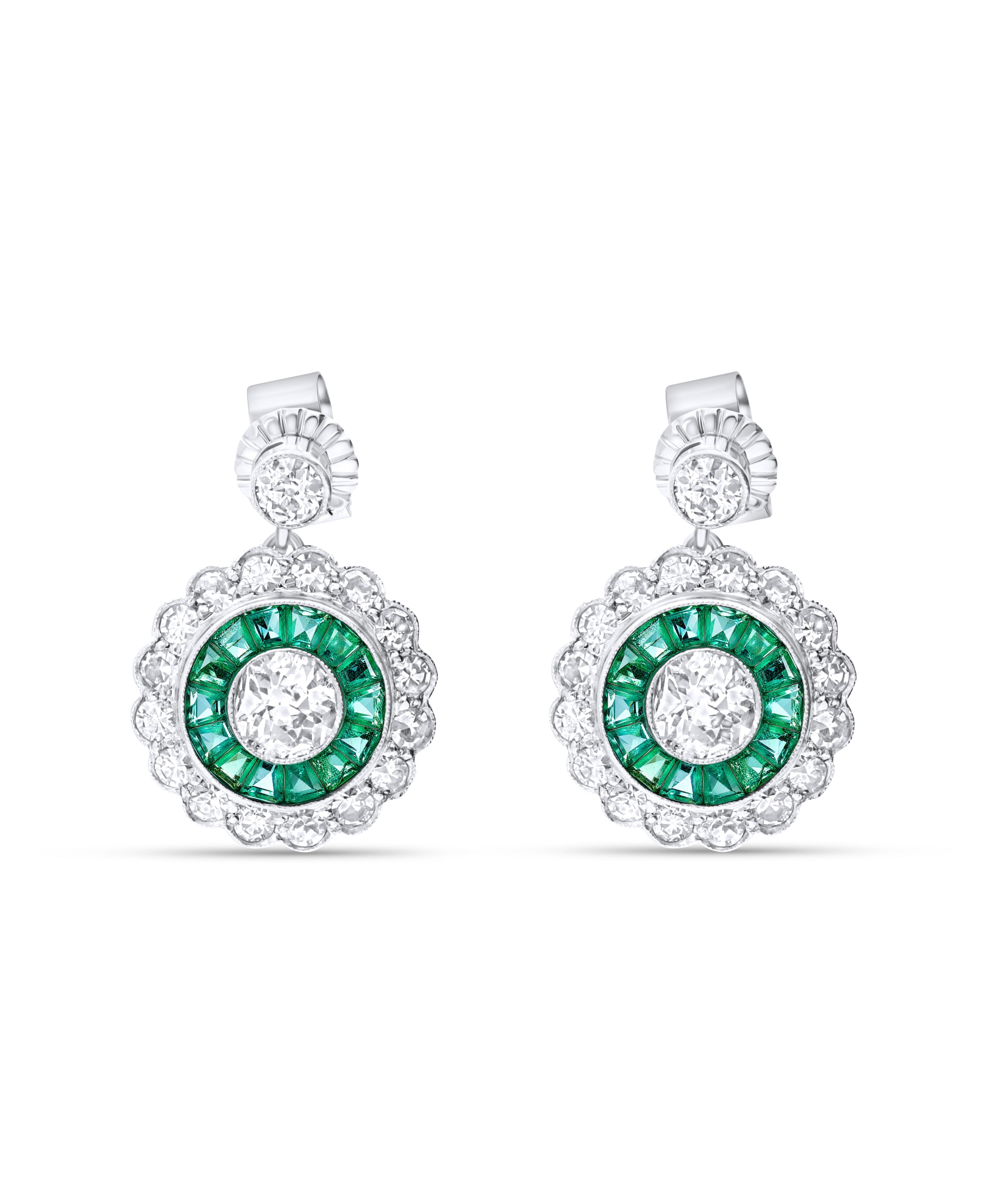 Pendientes Vintage Ojo de Perdiz con Esmeraldas 1,68 cts y Diamantes 4,30 cts en Platino