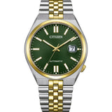 Citizen Tsuyosa 60 de 40 mm con esfera verde, caja de acero bicolor y brazalete de acero.