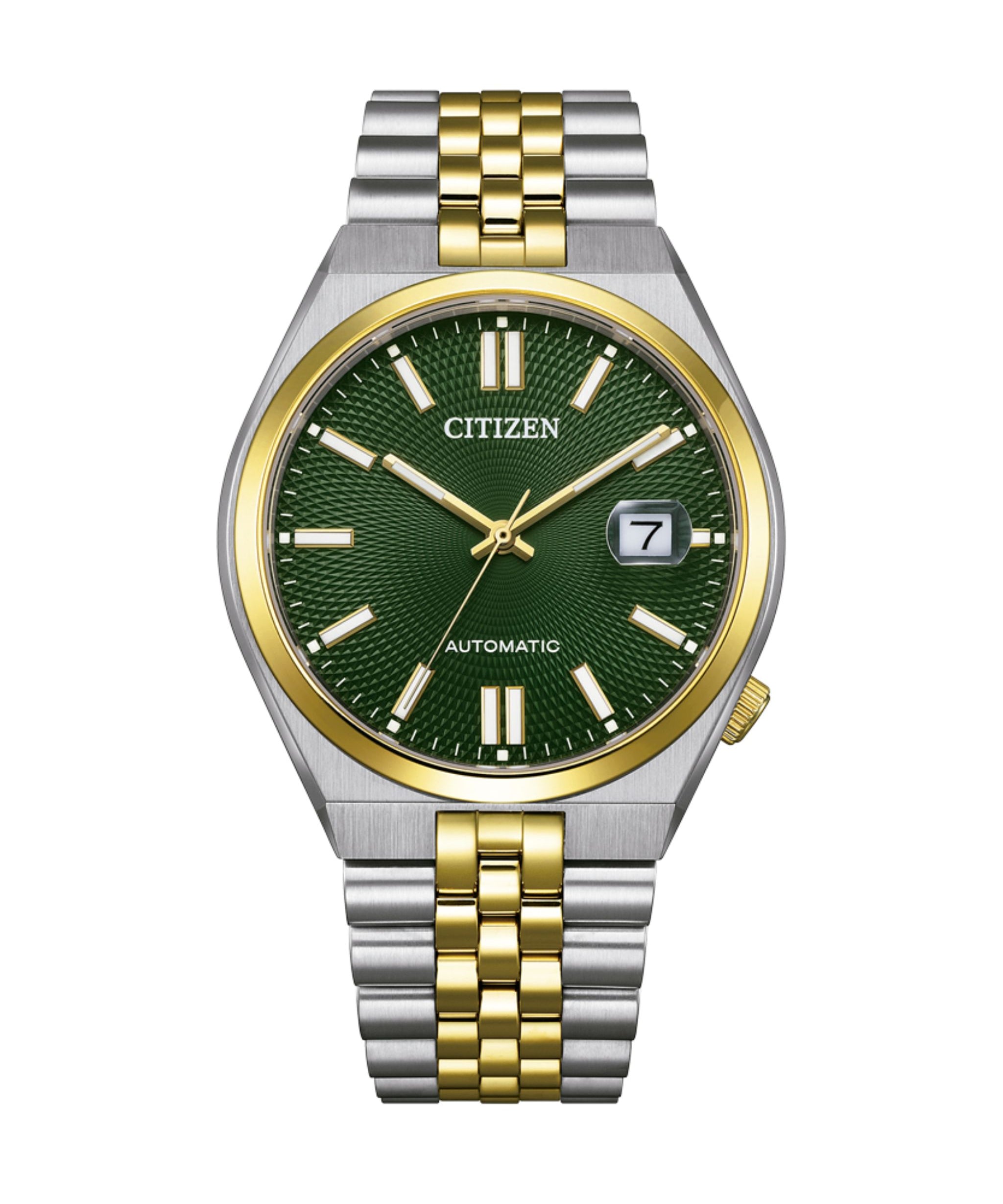 Citizen Tsuyosa 60 de 40 mm con esfera verde, caja de acero bicolor y brazalete de acero.