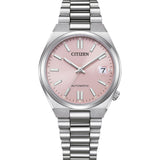 Citizen Tsuyosa de 37 mm con esfera rosa, caja de acero y brazalete de acero inoxidable.