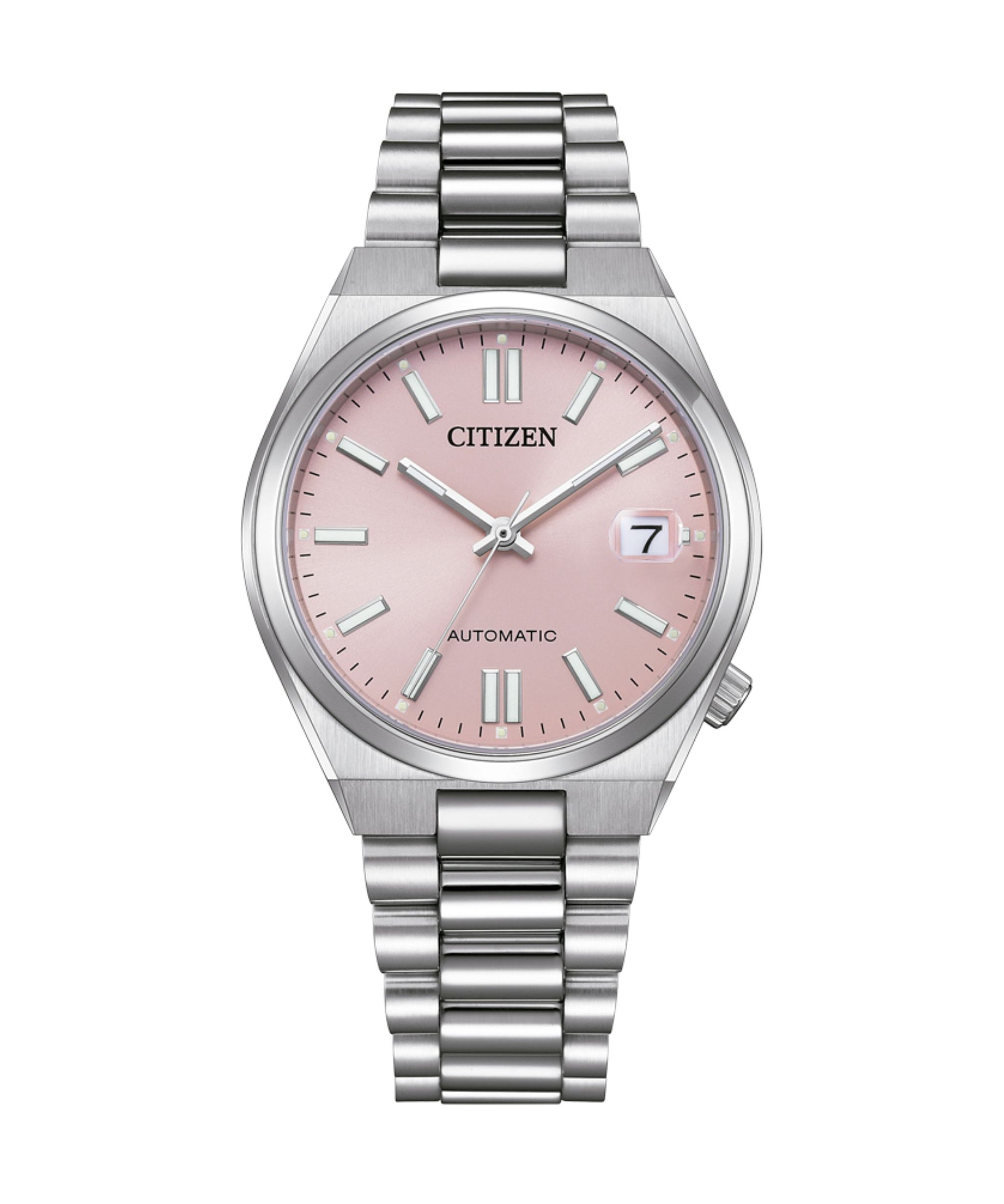 Citizen Tsuyosa de 37 mm con esfera rosa, caja de acero y brazalete de acero inoxidable.