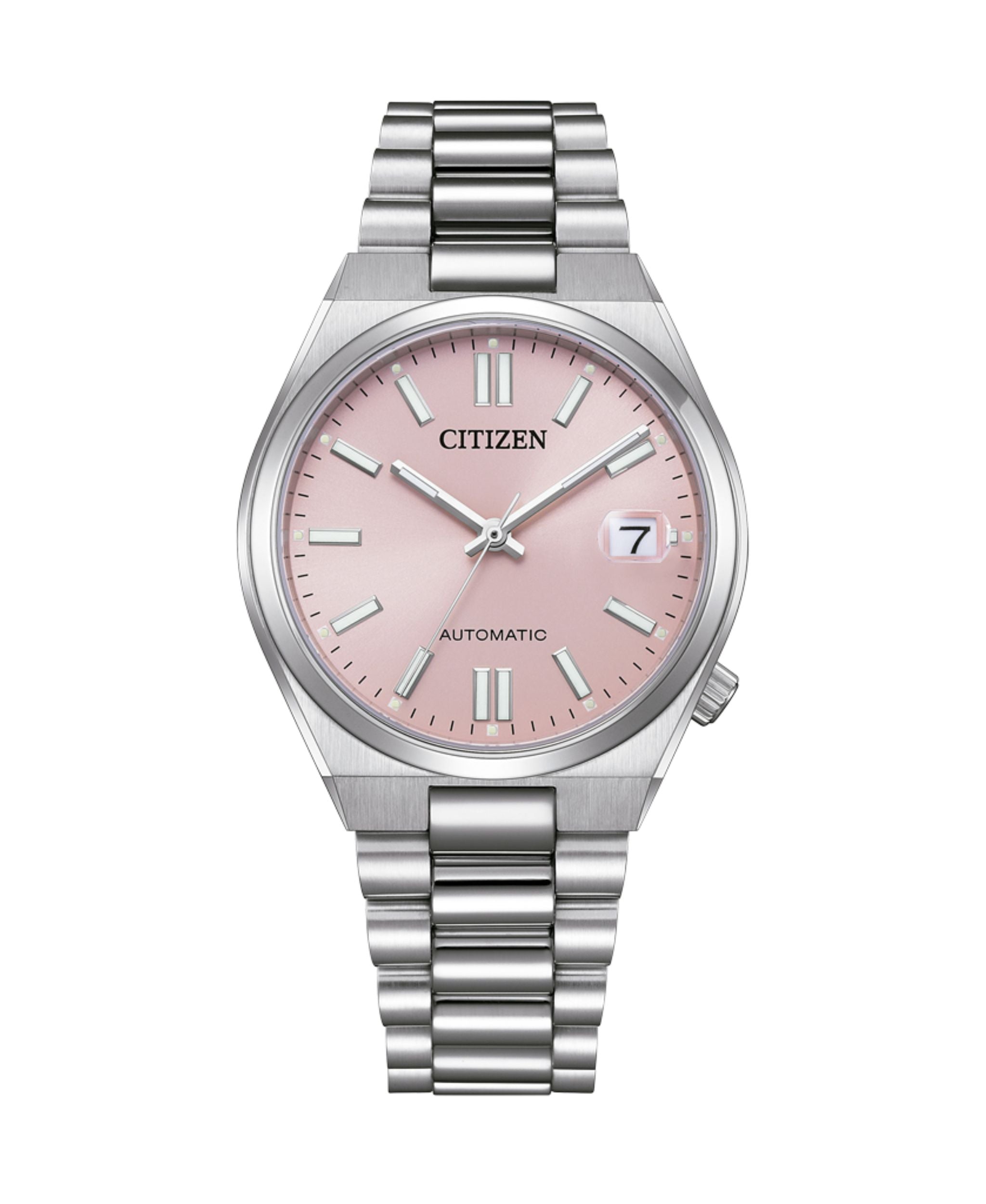 Citizen Tsuyosa de 37 mm con esfera rosa, caja de acero y brazalete de acero inoxidable.