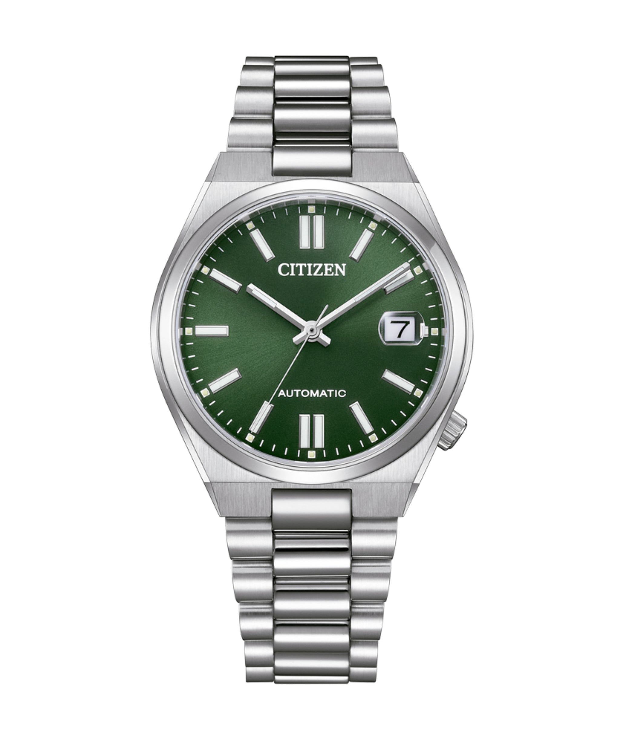 Citizen Tsuyosa de 37 mm con esfera verde, caja de acero y brazalete de acero inoxidable.