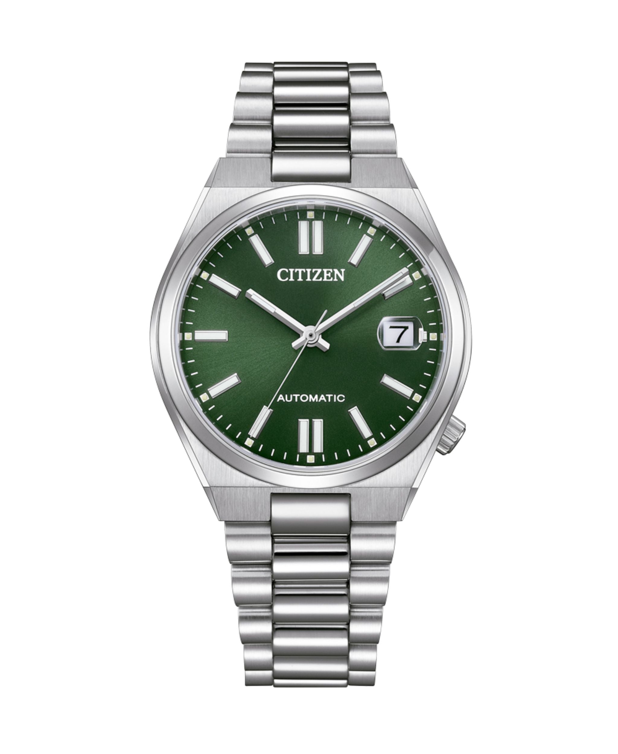 Citizen Tsuyosa de 37 mm con esfera verde, caja de acero y brazalete de acero inoxidable.