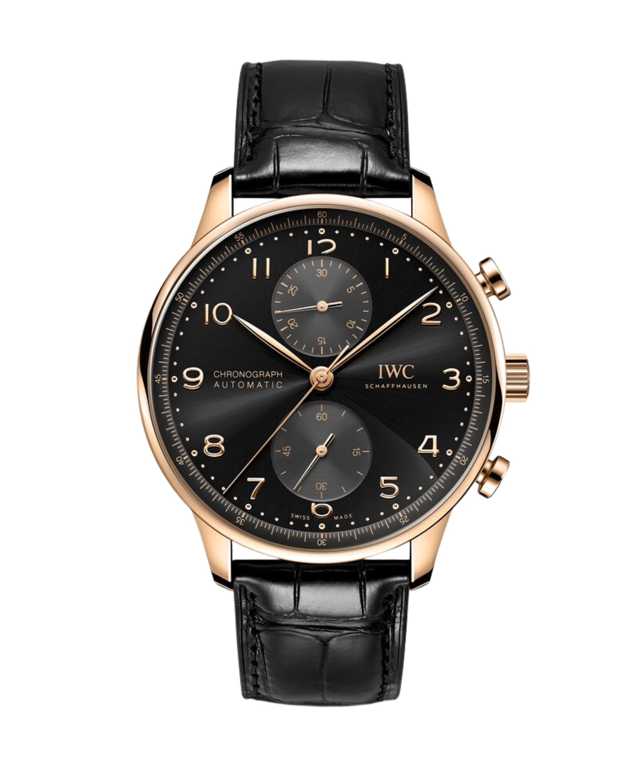 IWC Portugieser Chronograph de 41 mm con esfera negra, caja de oro rojo de 18 quilates y correa de aligátor negra.
