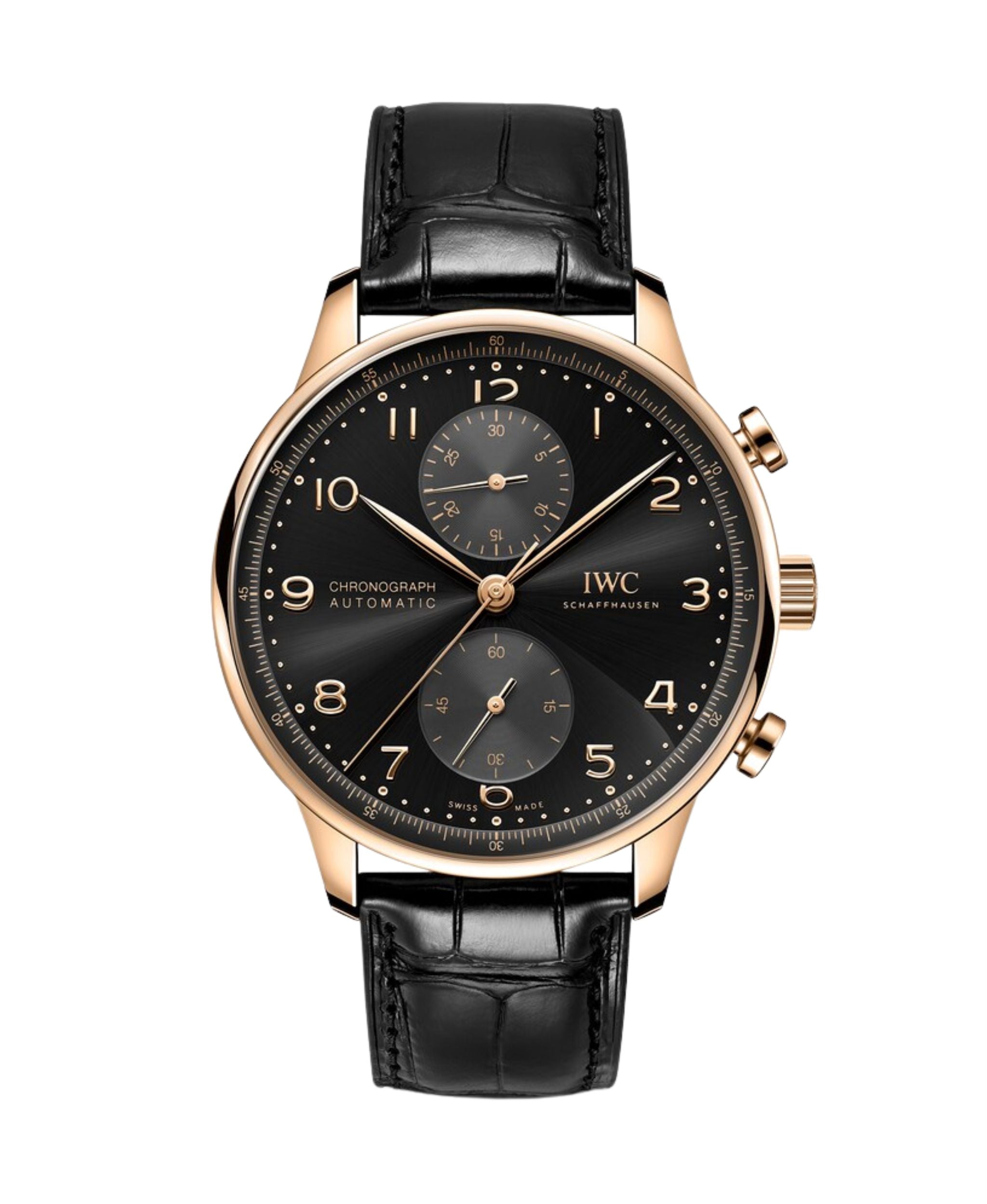IWC Portugieser Chronograph de 41 mm con esfera negra, caja de oro rojo de 18 quilates y correa de aligátor negra.