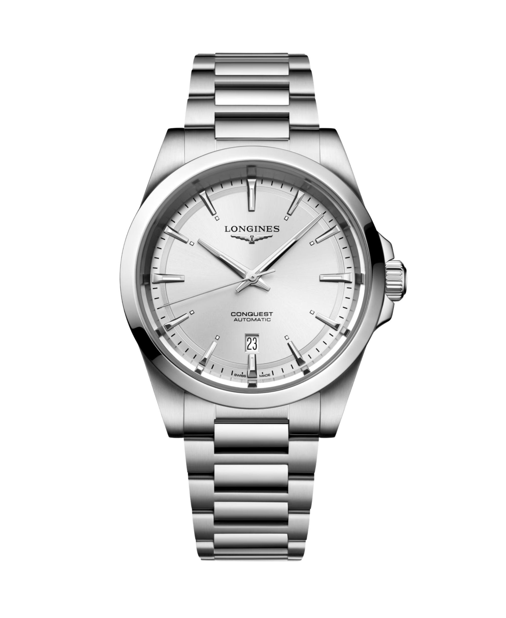 Reloj Longines Conquest de 41 mm con esfera plateada, caja de acero inoxidable y brazalete de acero.