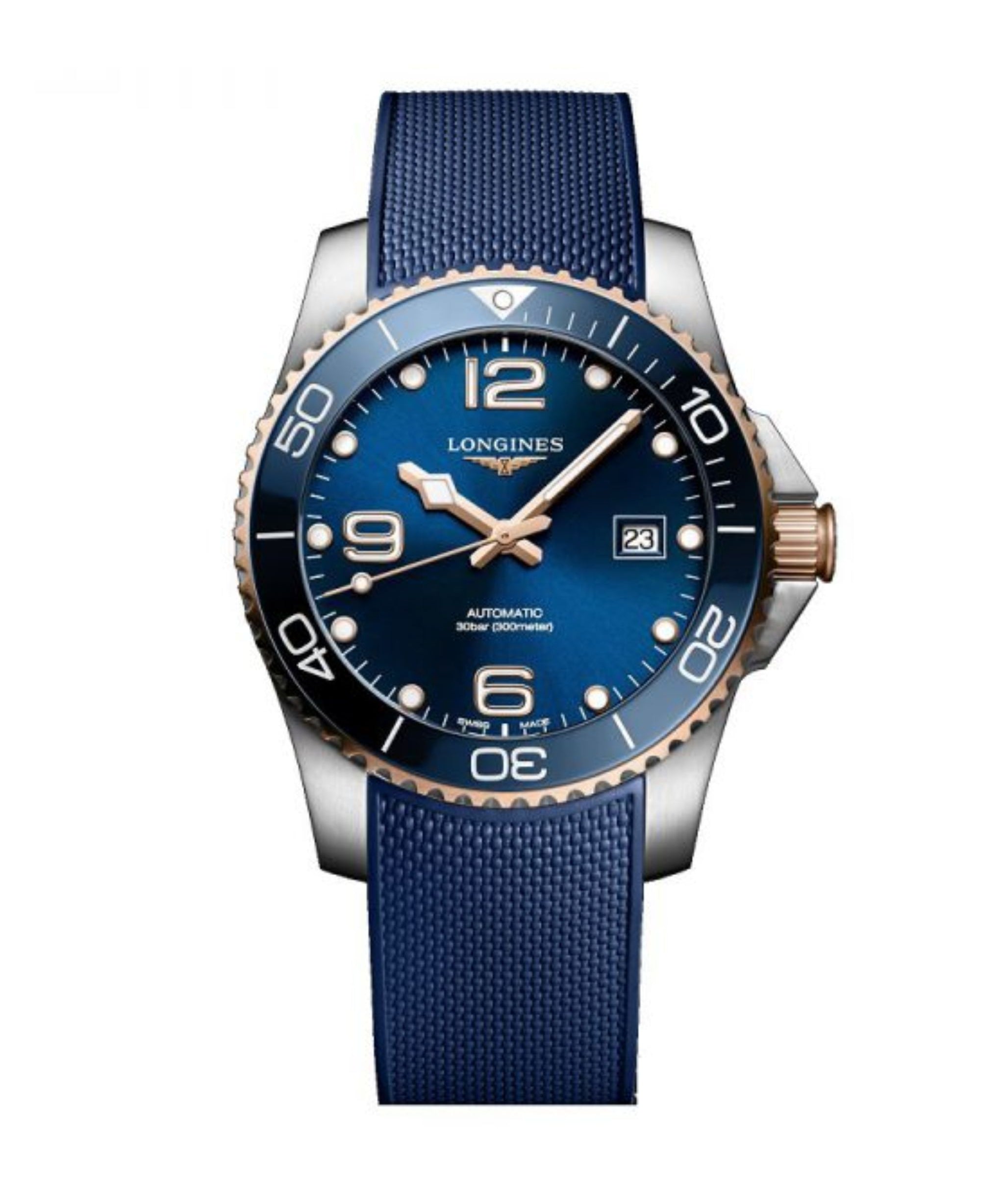 Longines HydroConquest de 41 mm con esfera azul, caja de acero, bisel de cerámica y correa de caucho azul.
