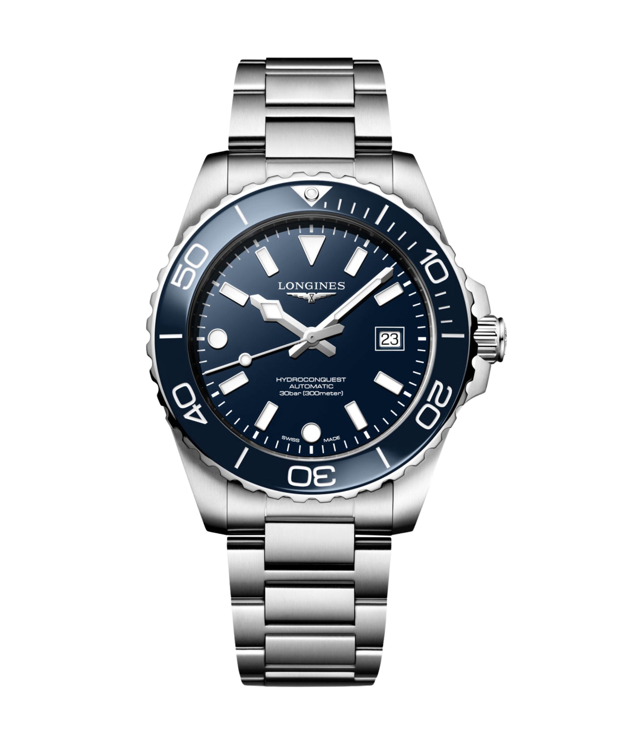 Descubre el Longines HydroConquest L37884966 automático, con esfera azul, caja de acero y cerámica, reserva de marcha de 72 horas y hermeticidad de 300 metros.