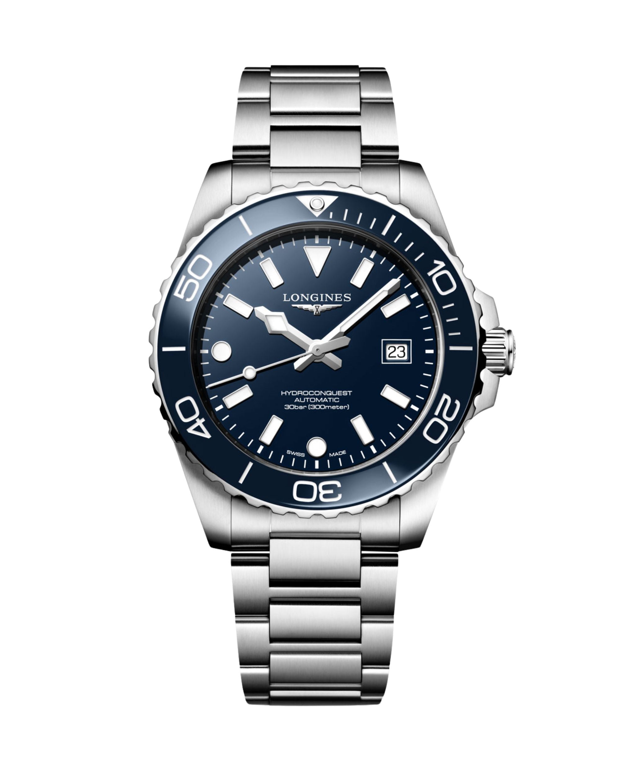 Descubre el Longines HydroConquest L37884966 automático, con esfera azul, caja de acero y cerámica, reserva de marcha de 72 horas y hermeticidad de 300 metros.
