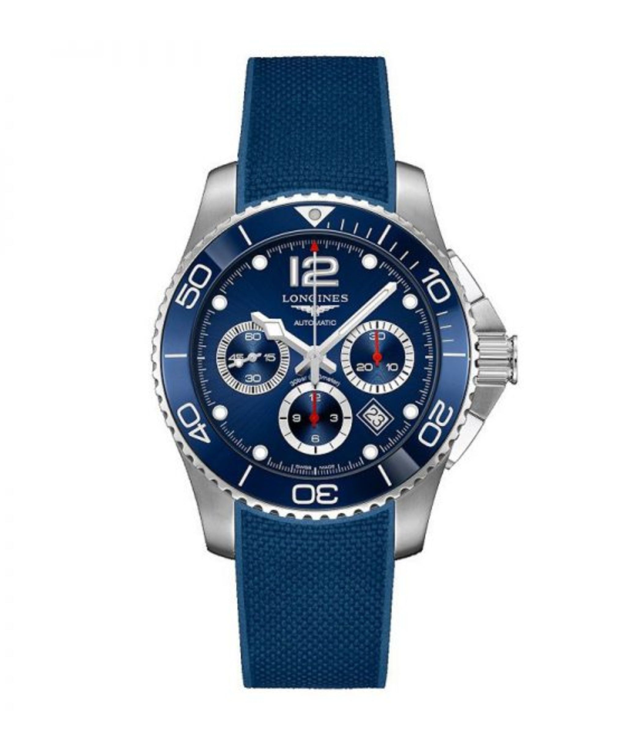 Reloj Longines HydroConquest Cronógrafo de 43 mm con esfera azul, caja de acero y correa de caucho azul.