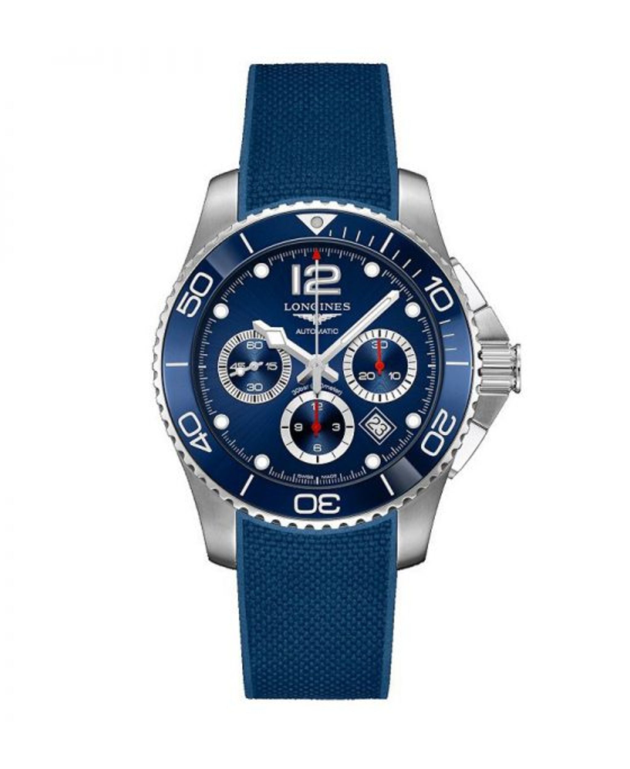 Reloj Longines HydroConquest Cronógrafo de 43 mm con esfera azul, caja de acero y correa de caucho azul.