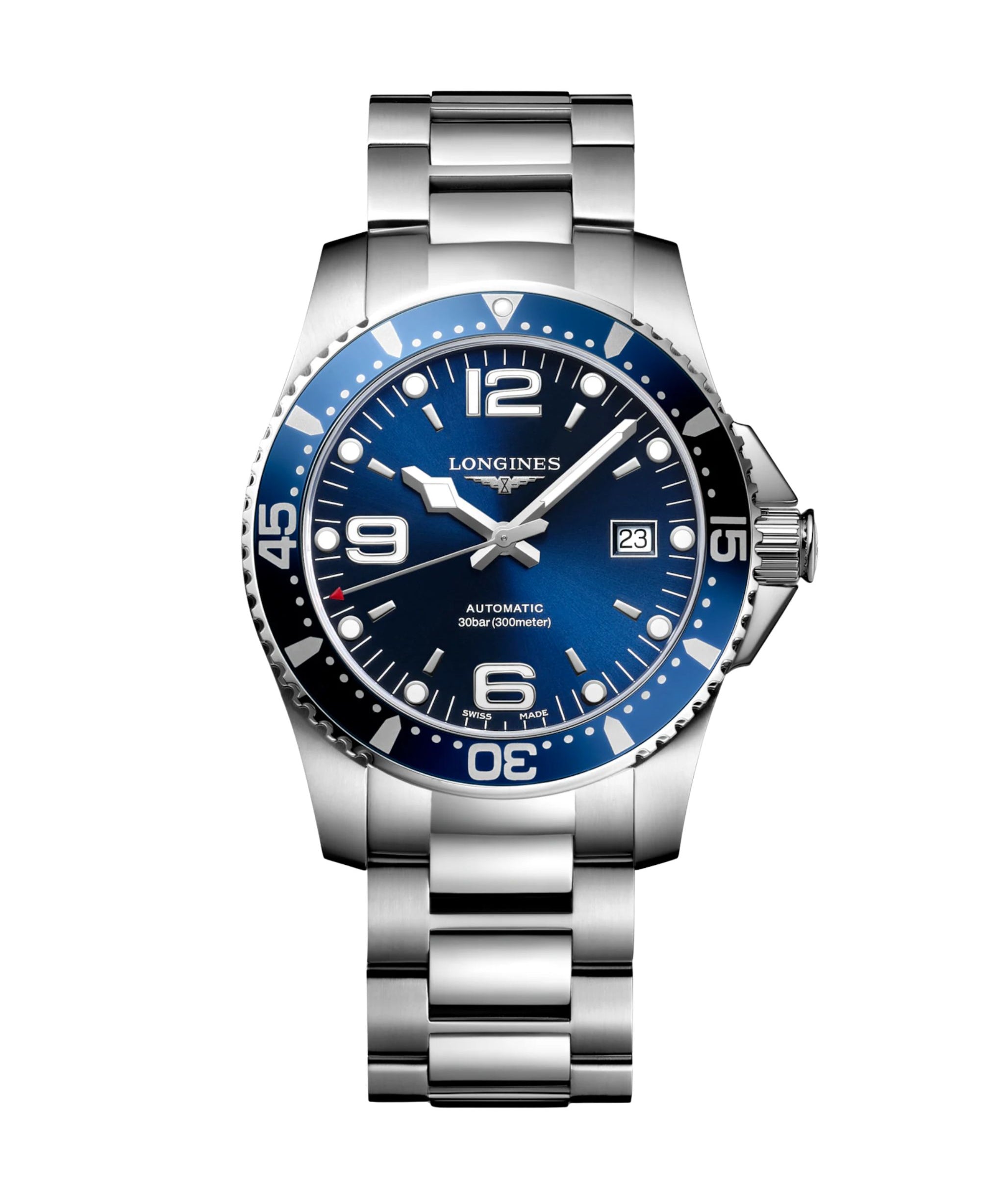 Reloj Longines HydroConquest de 41 mm con esfera azul, caja de acero inoxidable y brazalete de acero.